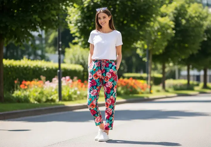 Stylizacja na lato: biały T-shirt i kolorowe spodnie w kwiaty. Idealne pytanie: co założyć do spodni w kwiaty?