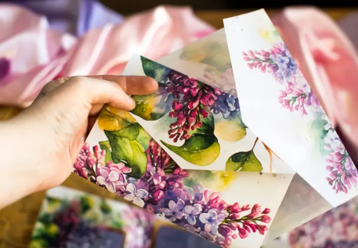 Ręcznie robione zaproszenia ślubne diy z motywem bzu. Delikatne akwarele na papierze.