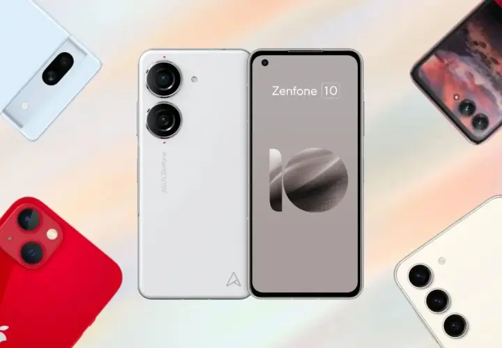 Nowe marki telefonów: biały ASUS Zenfone 10, czerwony iPhone, biały Pixel i kremowy Samsung.