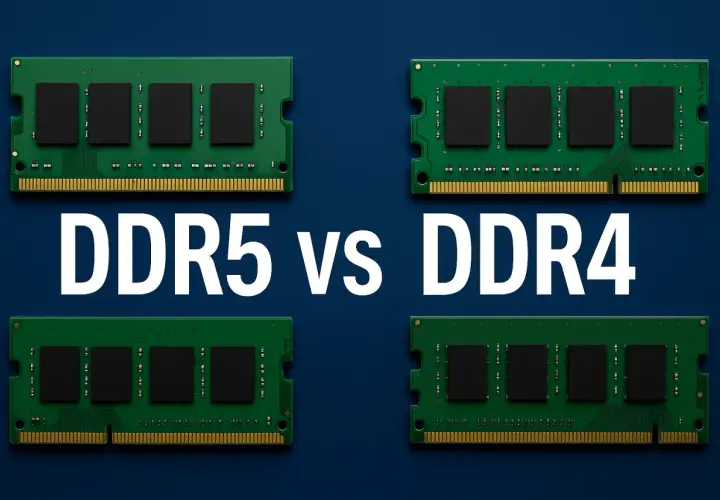 Zwei DDR5 und zwei DDR4 RAM-Module werden nebeneinander auf einem blauen Hintergrund gezeigt.