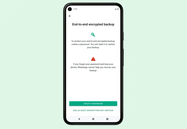Ekran telefonu z opcją tworzenia hasła do szyfrowanej kopii zapasowej WhatsApp. Pamiętaj, by nie zgubić hasła!