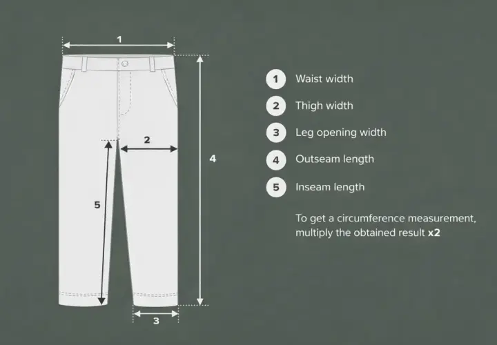 Diagram showing how to measure pants, with the crotch inseam indicated by the number 5.