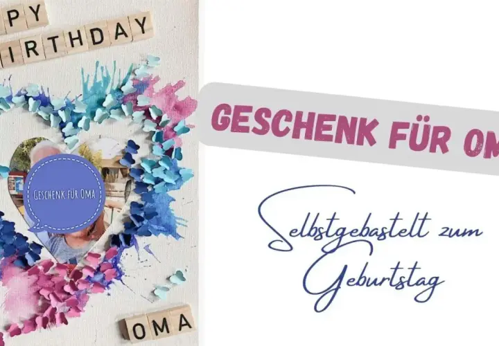 Eine selbstgebastelte Karte mit Schmetterlingen und Fotos für Oma. Perfekt, um zu zeigen, was man mit seiner Oma machen kann zuhause: Kreativ sein!