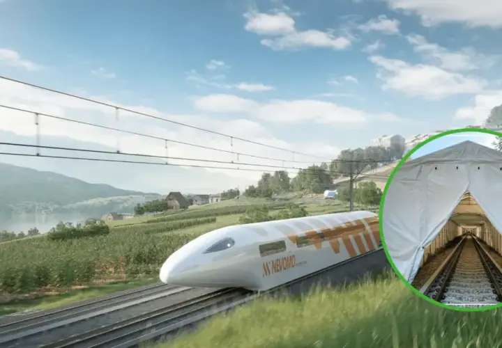 Nowoczesne pociągi elektryczne pędzą przez malownicze krajobrazy. W oddali widać tunel tymczasowy nad torami.