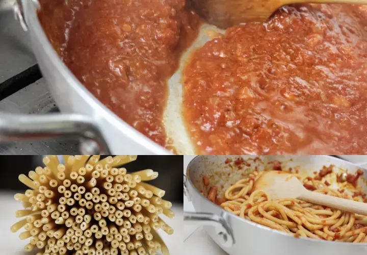 Sos pomidorowy gotuje się w patelni, obok leży pęczek makaronu bucatini. Gotowe bucatini amatriciana w garnku.