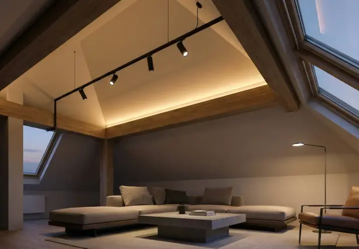 Accogliente mansarda con tetto spiovente, illuminazione soffusa e faretti direzionabili. Un rifugio moderno e rilassante.
