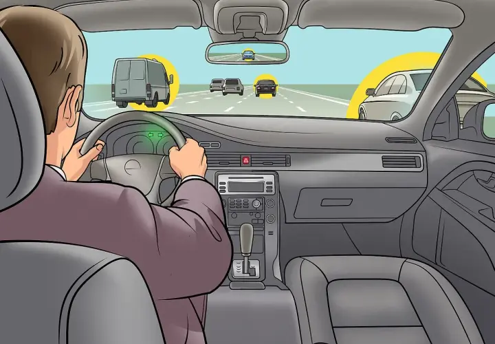 Fahrer im Auto versucht, den Verkehr zu überholen, aber die Bremsen funktionieren nicht. Ein Van und andere Autos sind auf der Straße.