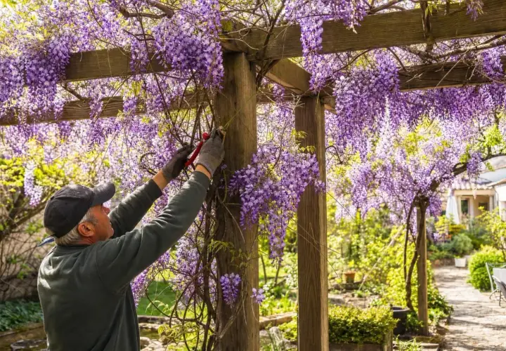 Un jardinier taille une glycine en pleine floraison sur une pergola en bois. Les grappes violettes tombent en cascade, créant un spectacle magnifique.