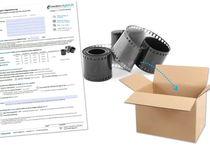 Negative digitalisieren lassen: Filmrollen und Kartonbox für den Versand.