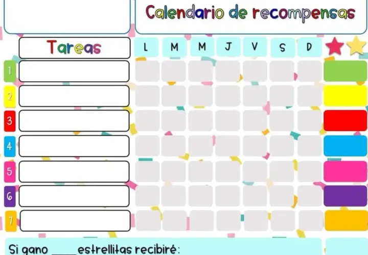 Calendario de recompensas para la economía de fichas. Muestra tareas y casillas para registrar el progreso diario y las estrellas ganadas.