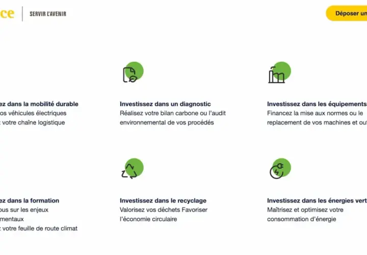 BPI France propose un prêt vert pour financer la mobilité durable, les diagnostics environnementaux, les équipements, la formation, le recyclage et les énergies vertes.
