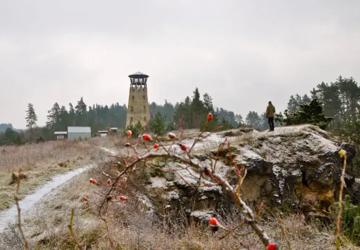 Kamieniołom Babia Dolina z wieżą widokową i człowiekiem na tle lasu.
