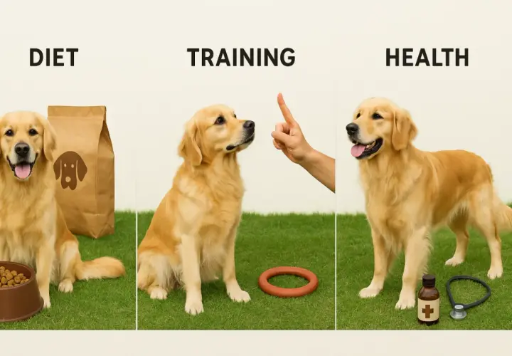 Golden retriever feliz junto a su comida, aprendiendo trucos y cuidando su salud.