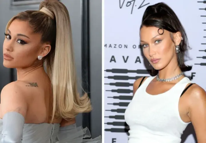 Dwie gwiazdy prezentują elegancki wysoki kucyk: Ariana Grande w blondzie i Bella Hadid w ciemnych włosach.