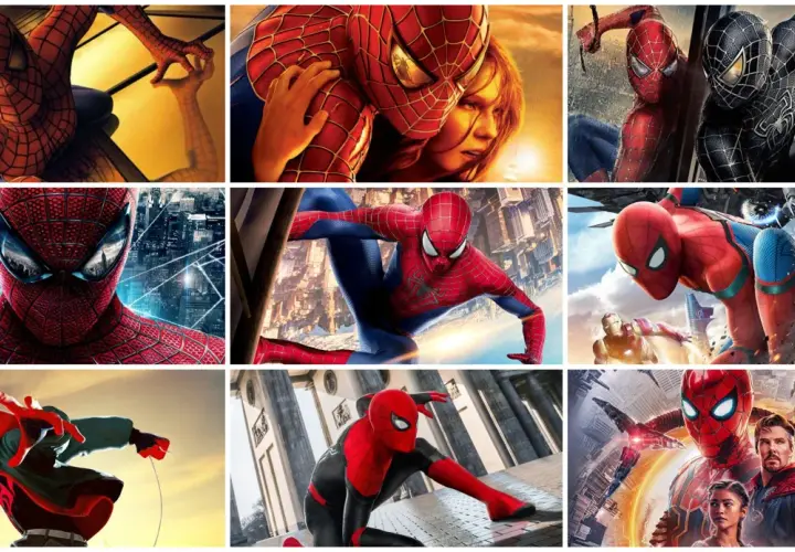 Kolaż przedstawia różne wersje Spider-Mana, pokazując, ile jest części tej historii. Widzimy różne kostiumy i bohaterów.