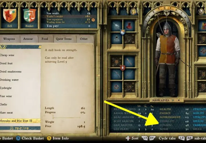 Interfejs gry Kingdom Come: Deliverance. Gracz przegląda przedmioty, szukając książki "Hercules and His Diet II", która może być kluczem do rozwoju postaci, niczym w Kingdom Come Deliverance trainer.