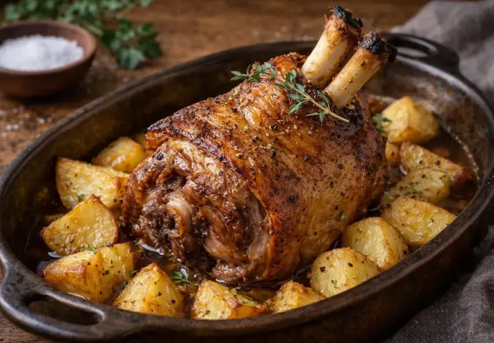 Un jarret de porc rôti, doré et croustillant, servi avec des pommes de terre coupées en dés dans un plat en fonte. Une herbe aromatique décore le plat.