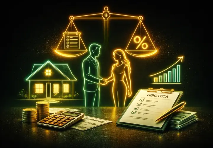 Una pareja se da la mano, simbolizando la tasación hipotecaria. Una casa, calculadora, monedas y un gráfico de crecimiento completan la escena.
