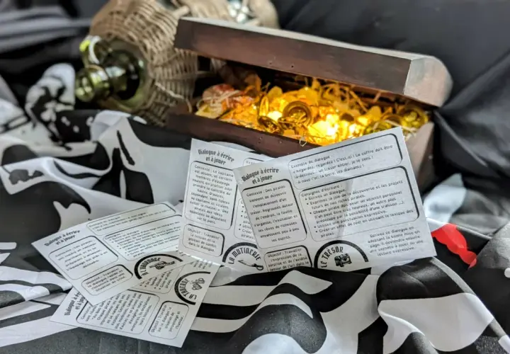Un coffre au trésor ouvert, rempli de pièces d'or, est entouré de cartes de jeu sur le thème des pirates. Ces cartes expliquent c'est quoi un dialogue, avec des contextes et des objectifs pour écrire des scènes.