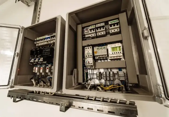 Przeniesienie skrzynki elektrycznej zakończone sukcesem. Widać wnętrze z bezpiecznikami, przekaźnikami i okablowaniem.