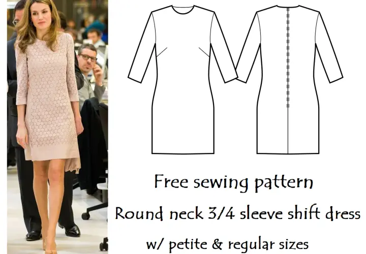 Free shift dress pattern for a round neck, 3/4 sleeve design, available in petite and regular sizes.