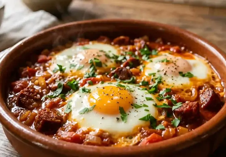 Un plat réconfortant d'oeuf chorizo, avec des œufs pochés dans une sauce tomate épicée et des morceaux de chorizo, garni de persil frais.