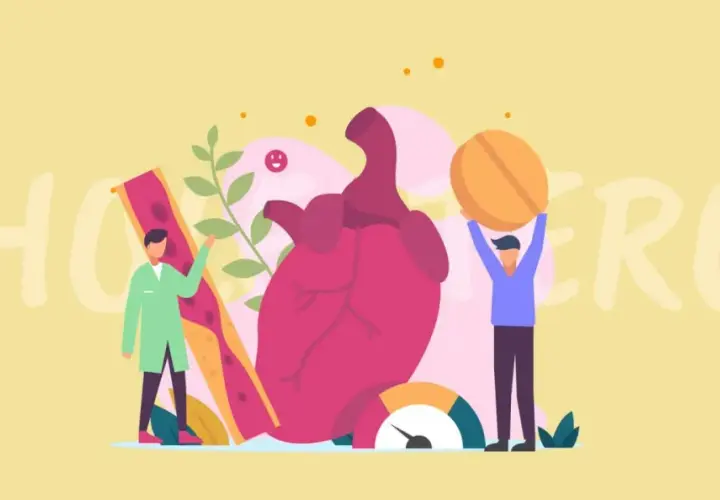 Ilustracja pokazuje serce, naczynia krwionośne i ludzi, którzy symbolizują walkę z wysokim cholesterolem. Dowiedz się, jak obniżyć cholesterol.