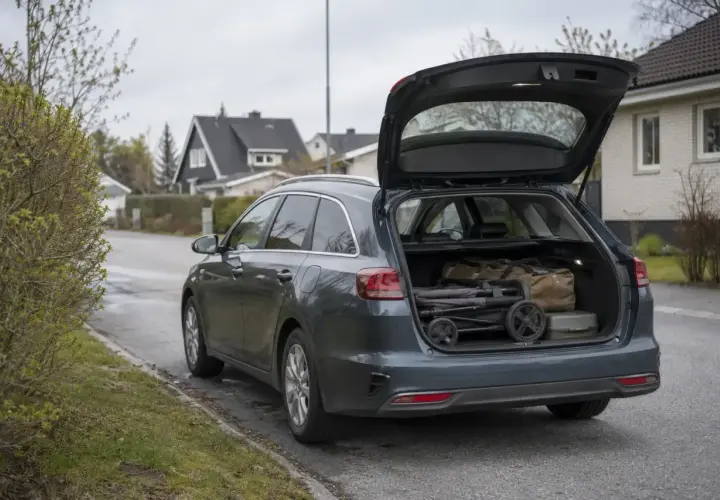 Mörkgrå Kia Ceed kombi med öppen baklucka, packad med barnvagn och väskor. Perfekt för en familjeresa, som i ett kia ceed sw test.