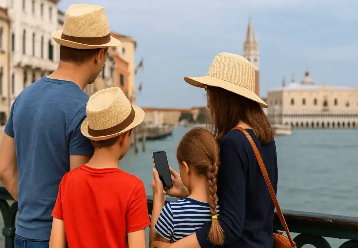 Famiglia con bambini a Venezia, con il padre e il figlio che indossano cappelli di paglia, mentre la madre mostra qualcosa sul telefono.
