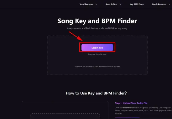 Narzędzie do analizy muzyki. Kliknij "Select File", aby znaleźć klucz, skalę i tempo utworu, np. 100 bpm.
