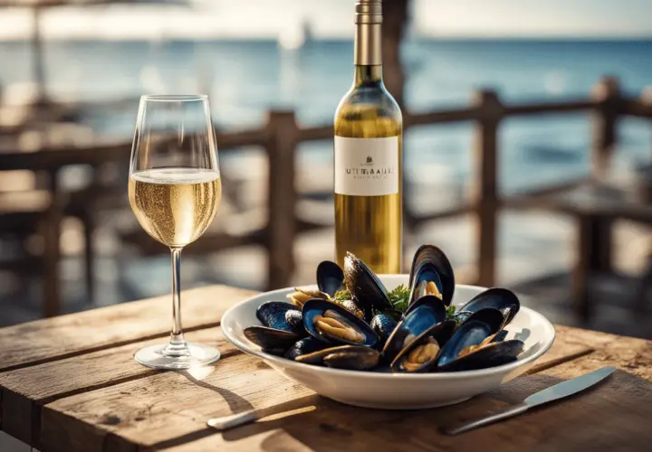 Un verre de vin d'Alsace pétillant et une assiette de moules fraîches sur une table en bois, avec la mer en arrière-plan. Parfait pour savoir quel vin d'Alsace avec des moules.