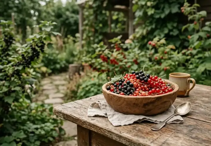 Schwarze Johannisbeeren und rote Johannisbeeren in einer Holzschale auf einem rustikalen Tisch im Garten. Ein Löffel und eine Tasse daneben.