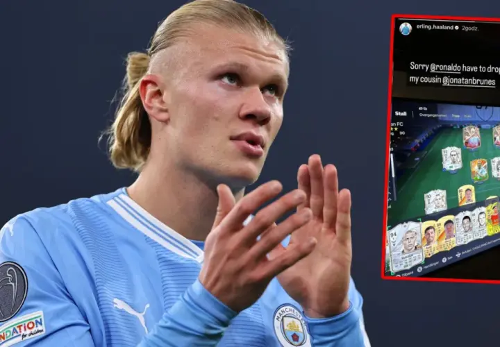 Erling Haaland w koszulce Manchesteru City, obok zrzut ekranu z gry FIFA, gdzie usuwa Ronaldo ze składu dla kuzyna.