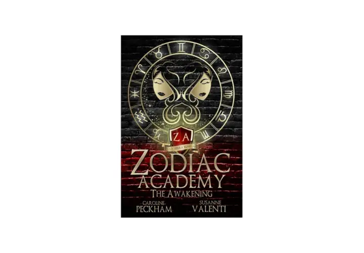 Okładka książki "Zodiac Academy po polsku". Złoty symbol bliźniąt na tle ceglanego muru.