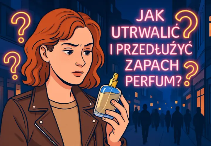 Kobieta z perfumami i znakami zapytania na tle nocnego miasta.