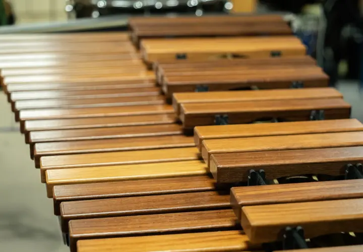 Drewniane klawisze marimby, instrumentu perkusyjnego melodycznego, obok innych instrumentów perkusyjnych niemelodycznych w tle.