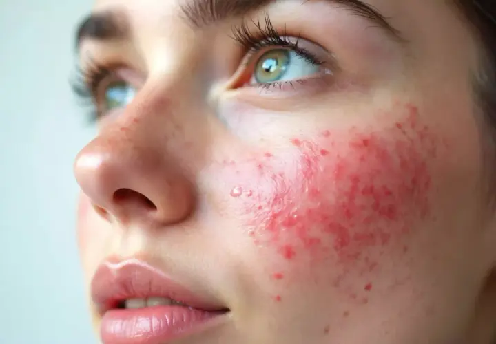 Gros plan sur le visage d'une jeune femme, montrant une **peau irritée qui brûle** sur sa joue, avec des rougeurs et des petites pustules.