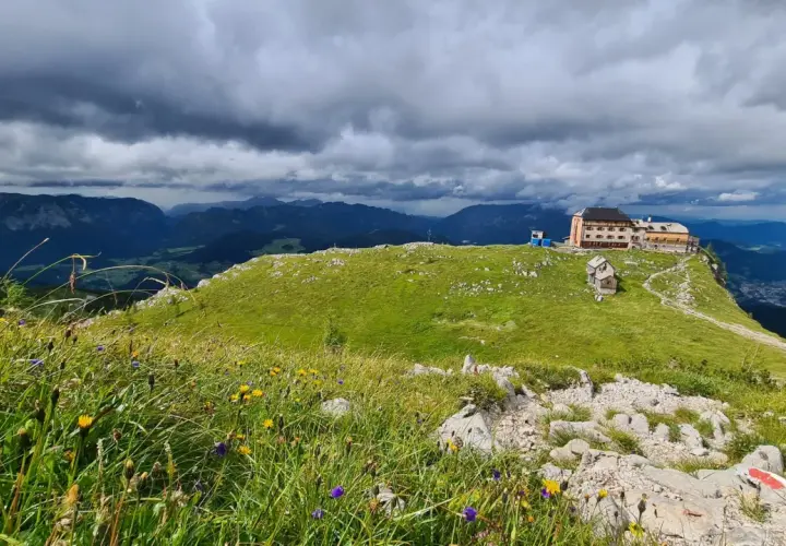 Watzmannhaus Wanderung: Ein Berggasthof thront auf einem grünen Kamm, umgeben von blühenden Almwiesen und dramatischen Wolken.
