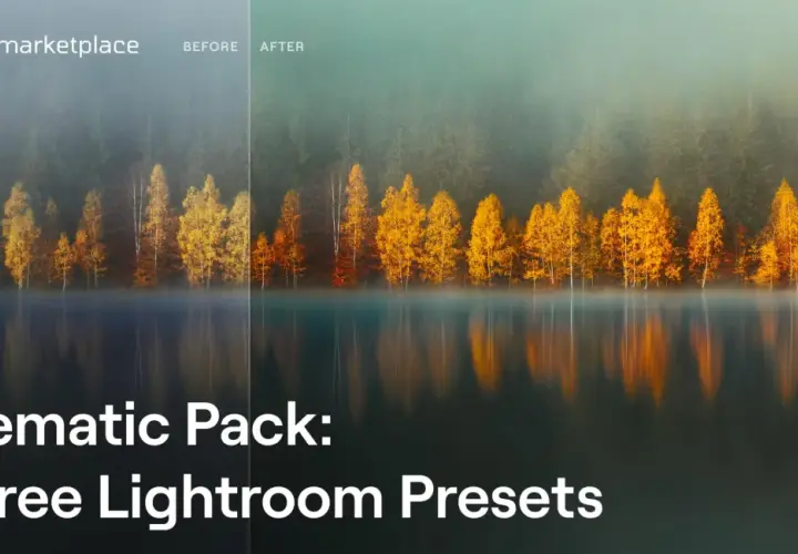 Przed i po: jesienny las nad jeziorem, zintensyfikowany dzięki darmowym presetom Lightroom.