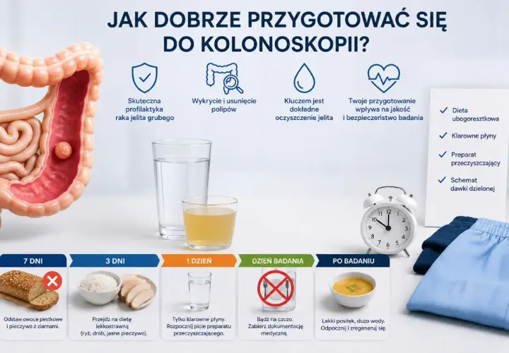 Grafika pokazuje jak przygotować się do kolonoskopii: dieta, klarowne płyny, preparat i schemat dawkowania. Podano też zalecenia na 7 dni, 3 dni, 1 dzień przed badaniem i po nim.