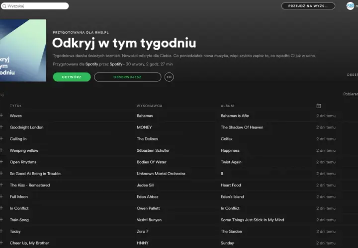 Odkryj w tym tygodniu - playlisty z idealnymi piosenkami alfabetycznie, od "Calling In" po "Waves".