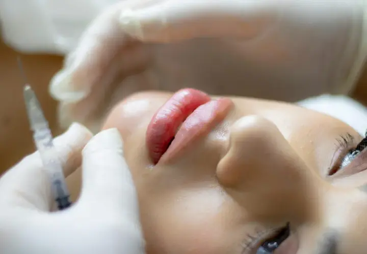 Primo piano di labbra e occhio durante un trattamento estetico. Evitare i 15 peggiori errori della chirurgia estetica.