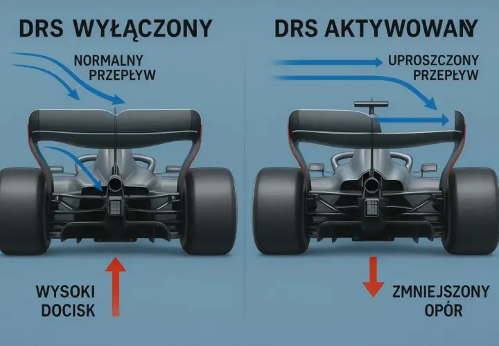 Bolid F1 z DRS wyłączonym generuje wysoki docisk, a z włączonym DRS zmniejsza opór powietrza.