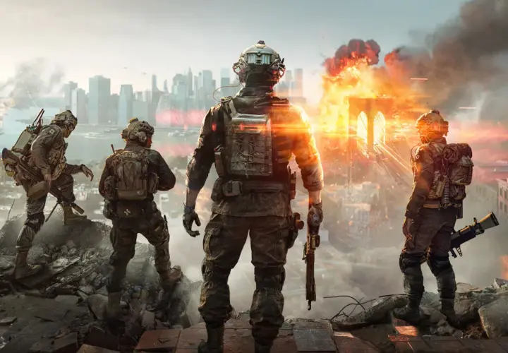Żołnierze obserwują zniszczone miasto w kampanii Battlefield 6. Wybuchy i dym unoszą się nad mostem i budynkami.