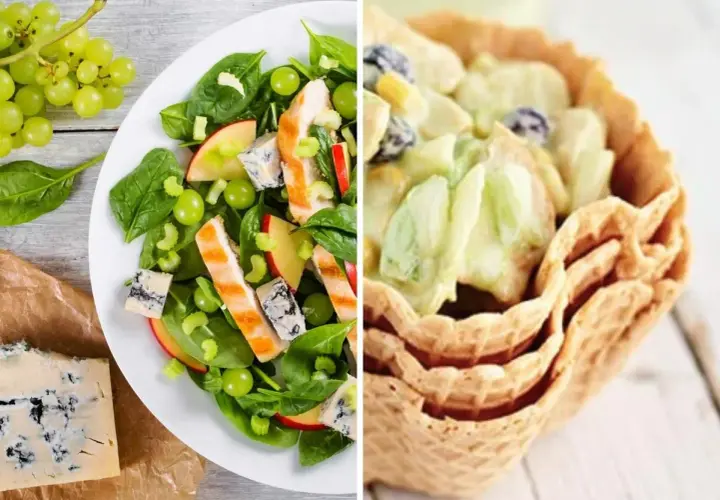 Ensalada de pollo con espinacas, uvas, manzana y queso azul. Al lado, una ensalada cremosa servida en cucuruchos de helado.