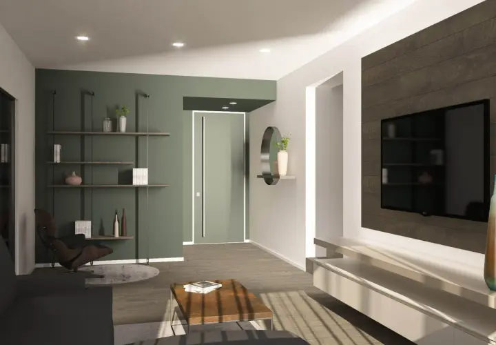 Un soggiorno moderno con parete verde, mensole, poltrona e TV. Un'idea su come colorare una parete per un look sofisticato.