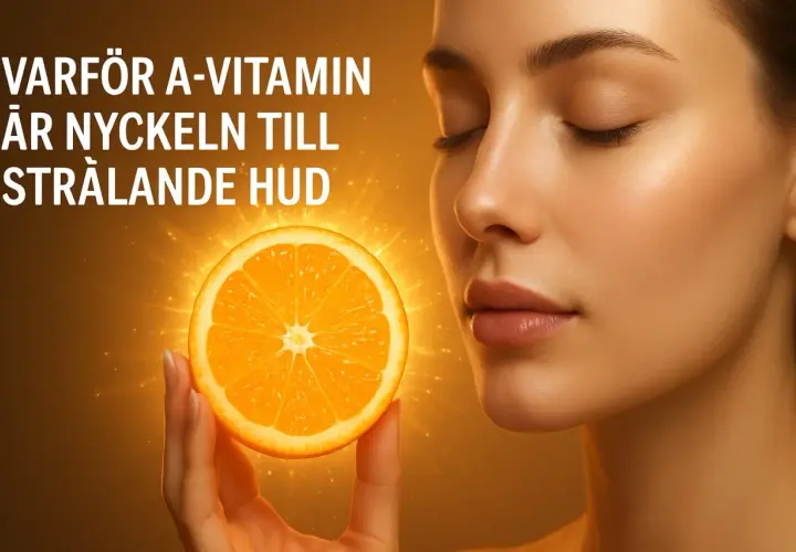 En kvinna med slutna ögon håller upp en apelsinskiva som lyser. Texten "Varför A-vitamin är nyckeln till strålande hud" antyder att vitaminet ger en frisk och glödande hud.
