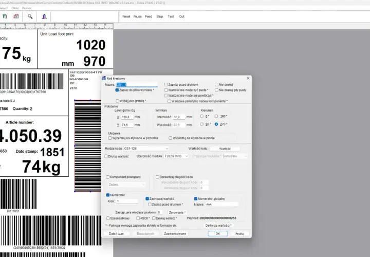 Etykieta z kodem GS1-128, zawierająca dane produktu, wagę i numer artykułu.