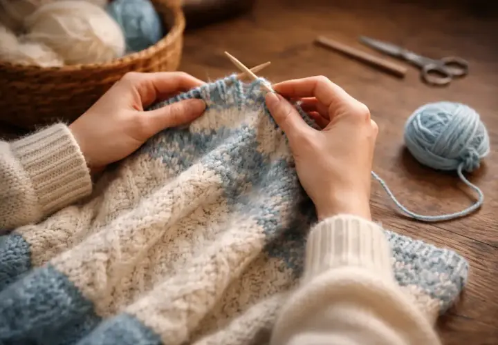 Ręce dziergają sweter z niebiesko-białej wełny. Na stole leżą kłębek wełny, druty i nożyczki.