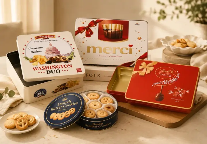 Eleganckie pudełko na ciastka z motywem Waszyngtonu, obok puszki z duńskimi ciasteczkami maślanymi i czerwonego pudełka Lindt.